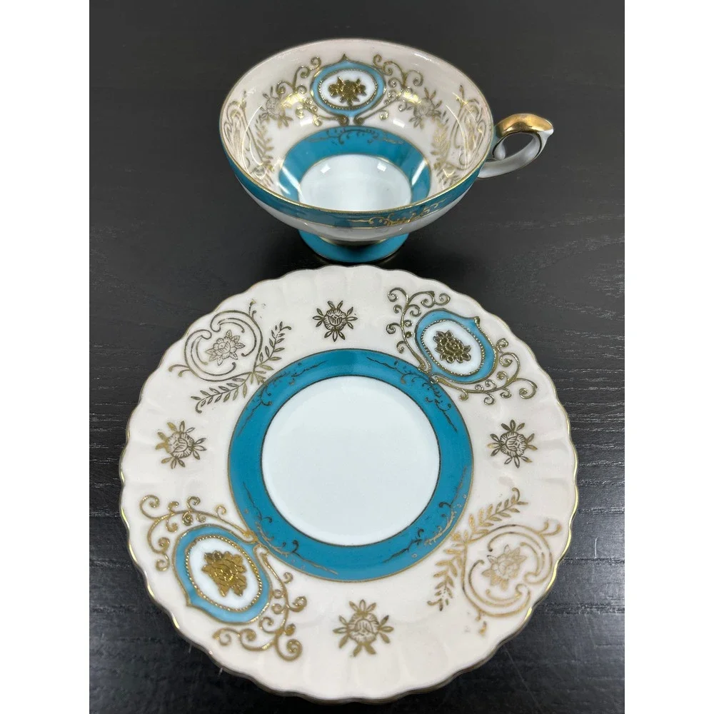 Vintage Ucagco China Teacup Saucer Set Turquoise Gold Gilt Hand Painted Japan